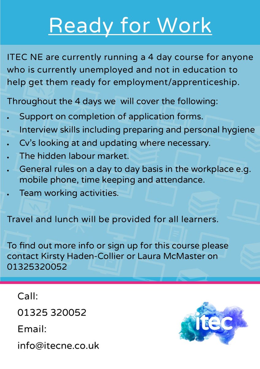 ITECNorthEast's tweet photo. ITEC are running a 4 day IT Course in Middlesbrough from 30th Sept - 3rd Oct. This is our "Ready for Work" programme. 
It is🆓🆓🆓 and can help you progress into employment. If interested please contact our office. 
@JCPinDurhamTees  @TeesCareers @JobsDarlington1 https://t.co/JUZFB5Y2ey