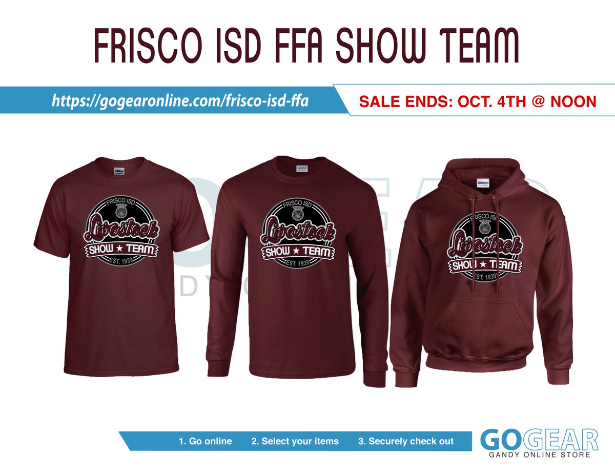 FISD FFA Show Team short &amp; long sleeve shirts &amp; hoodies are on sale now! gogearonline.com/frisco-isd-ffa #WHSFFA #FISDAgDept #fisdlivestock <a href="/centennial_ffa/">Frisco Centennial FFA</a> <a href="/FISD_CTE_Center/">FISD CTE Center</a> <a href="/FISDHeritageFFA/">Frisco Heritage FFA</a> <a href="/LoneStarFFA/">Frisco Lone Star FFA</a> <a href="/Reedyffa/">Reedy FFA</a> <a href="/Liberty_FFA/">Frisco Liberty FFA</a> <a href="/LebanonTrailFFA/">Lebanon Trail FFA</a> <a href="/IHS_FFA/">Independence FFA</a> <a href="/memorialffa/">Frisco Memorial FFA</a>