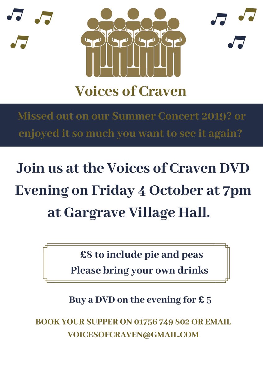 Join us for our Voices of Craven DVD Evening on 
Friday, October 4, 7pm at Gargrave Village Hall. 

Book now to avoid disappointment! 🎶