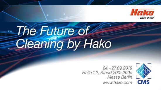 "The Future of Cleaning by Hako" auf der <a href="/CMS_Berlin/">CMS_Berlin</a> vom 24. - 27.09.2019. Besuchen Sie uns in der Halle 1.2, Stand 200-200c - wir freuen uns auf Ihren Besuch!