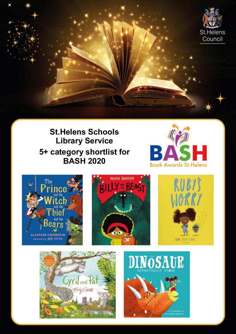 🥁 #DrumRoll 🥁  

The shortlist of amazing #books in the 5+ category for our #StHelens #SchoolsLibraryService #BooksAwards 2020 

A huge congrats 👏& good luck 🤞to all the #authors & #illustrators - the winner will be voted for & announced March 2020 💜📚

#BASH2020