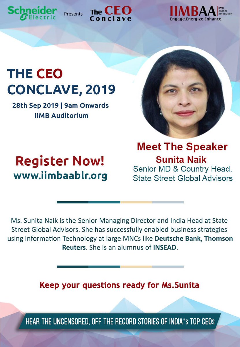 Thinking of building your career in technologies that are still at the peak of the hype cycle - like blockchain, data analytics, IoT, AGI, etc.
Attend the session of Sunita Naik at the CEO Conclave on 28th September at IIMB Auditorium.
Register now at iimbaablr.org
