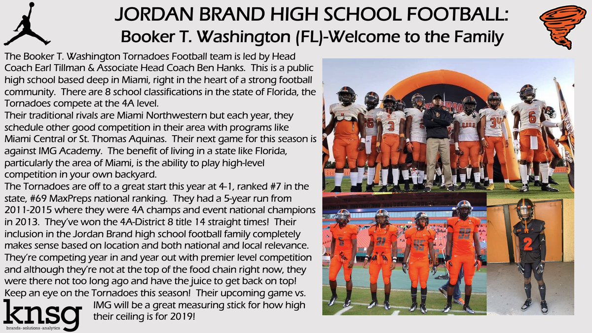 Next up is Booker T. Washington out of Miami, FL <a href="/MiamiBTW_FB/">BTW F-5 TORNADOES</a> . My reasons for their inclusion in the <a href="/jumpman23/">Jordan</a> <a href="/usnikefootball/">Nike Football</a> family are included in the image text. They’re right in the mix with the programs dominating the state of Florida