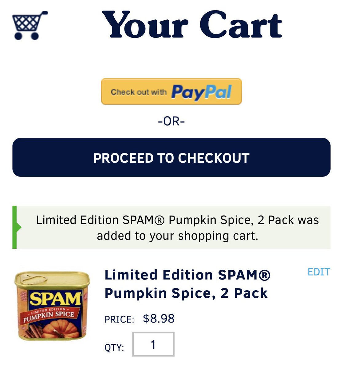 SnubieDotCom's tweet photo. Should I review this? Just ordered some @SPAMbrand Pumpkin Spice #SPAM. I am beyond ready. The wife is not so excited.
#PumpkinSpice #BasicWhiteBoy #SoBasic https://t.co/vHIjq5xoQP
