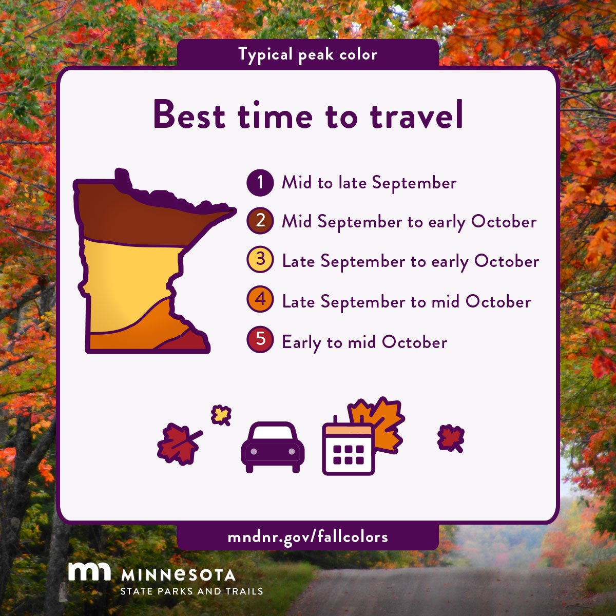 mndnr's tweet photo. Happy first day of fall! It's time to go chase those fall colors. We're got details on the best time to go leaf peepin' in your part of the state. https://t.co/qDrToURTAJ #fall #OnlyinMN https://t.co/uBmsPGvAL3
