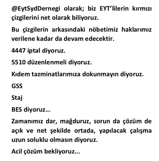 ⚠️ TAG ETKİNLİĞİ ⚠️

23 Eylül Pazartesi 
Saat : 21:00

<a href="/EytSydDernegi/">EYT SYDD</a> olarak Biz #EYT’lilerin kırmızı çizgilerini net olarak biliyoruz.

Bu çizgilerin arkasındaki nöbetimiz haklarımız verilene kadar da devam edecektir.
👇👇👇👇