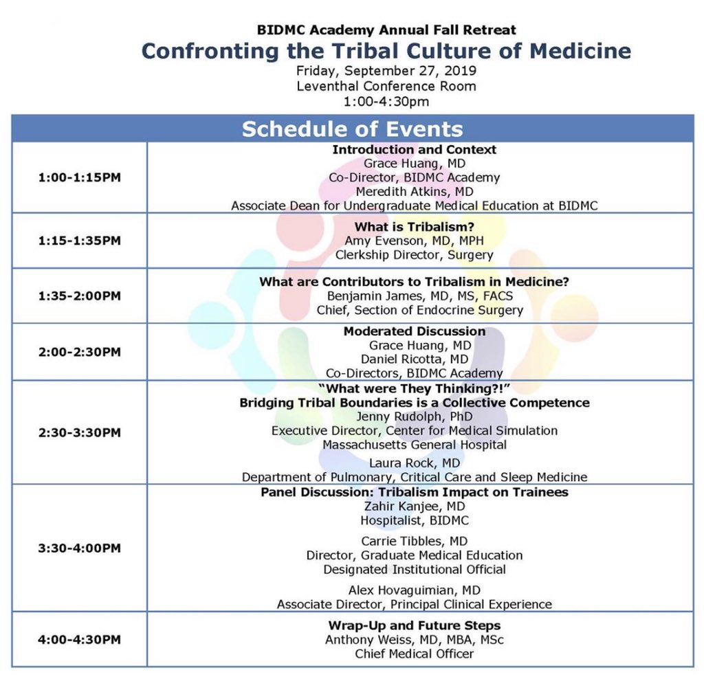 The #BIDMC_Academy annual #BIDRetreat19 is only a few days away! It’s not too late to sign up and explore #TribalCulture of Medicine with @GetCuriousNow @benjamesMD Amy Evenson MD @BIDMCSurgery @kmeratkins @laurakanerock @zahirkanjee & CMO @BIDMChealth research.bidmc.harvard.edu/training/cm_re…