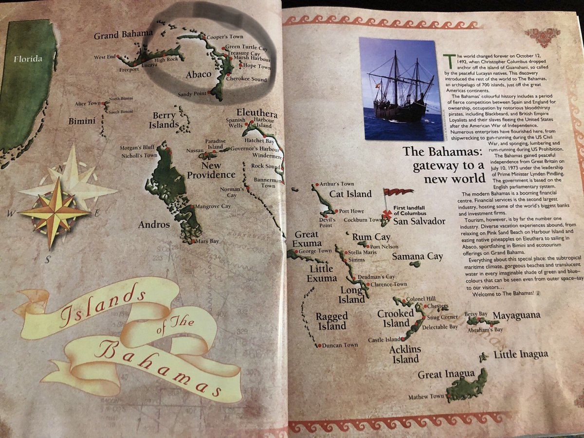 lostinhere19's tweet photo. For those of you who think that hurricane Dorian destroyed the Bahamas,The Bahamas’s consists of 700 islands, of which 30 are inhabited, and about 2,400 cays. So plan a trip out there as the rest of the islands need the tourism.  🇧🇸 (what is circled around was what got hit) https://t.co/DEShy8G9dX
