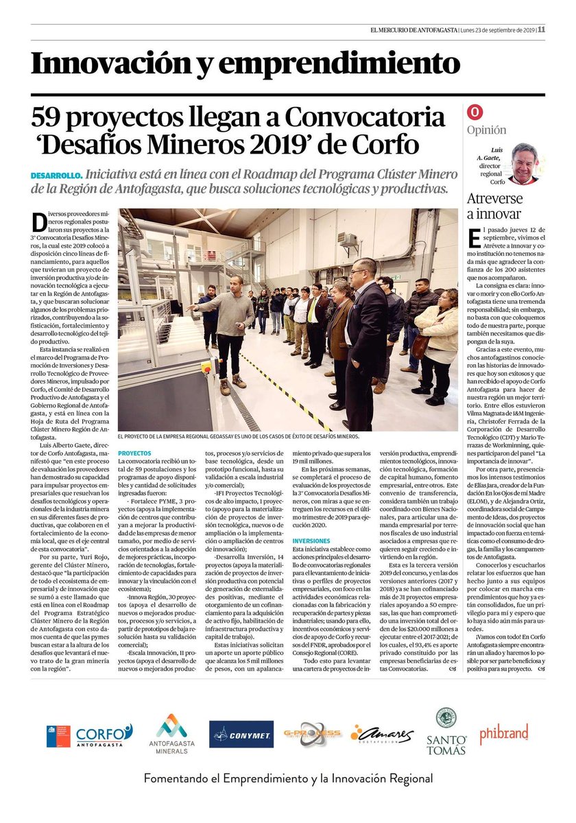 ¡Buenos días! 📰
Revisa la nota sobre la 3° Convocatoria Desafíos Mineros y la columna de nuestro DR <a href="/luisalbertogaet/">Luis Alberto Gaete</a> "Atreverse a Innovar", hoy en el Mercurio de Antofagasta 🤓
#ChileEnMarcha🇨🇱