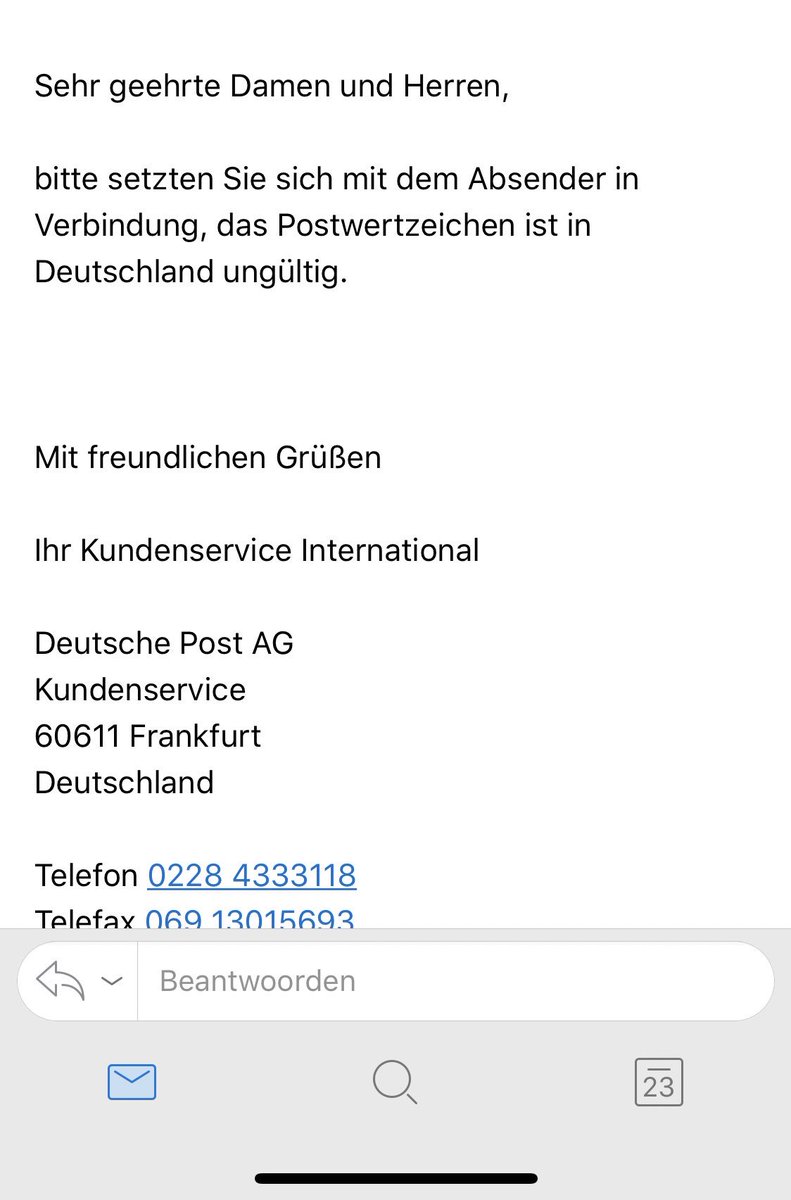 Danischouten's tweet photo. @PostNL Dag, heb na 2 belletjes en een e-mail eindelijk antwoord van de Deutsche Post. De postzegelcode is volgens het team ‘Internationale post’ hier niet geldig. En nu? https://t.co/sVEndukS7f