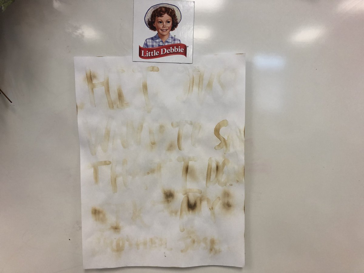 TheEruditePlat1's tweet photo. We wrote secret messages with lemon juice. This message was brought forth using a candle. https://t.co/w3gOeRfafc
