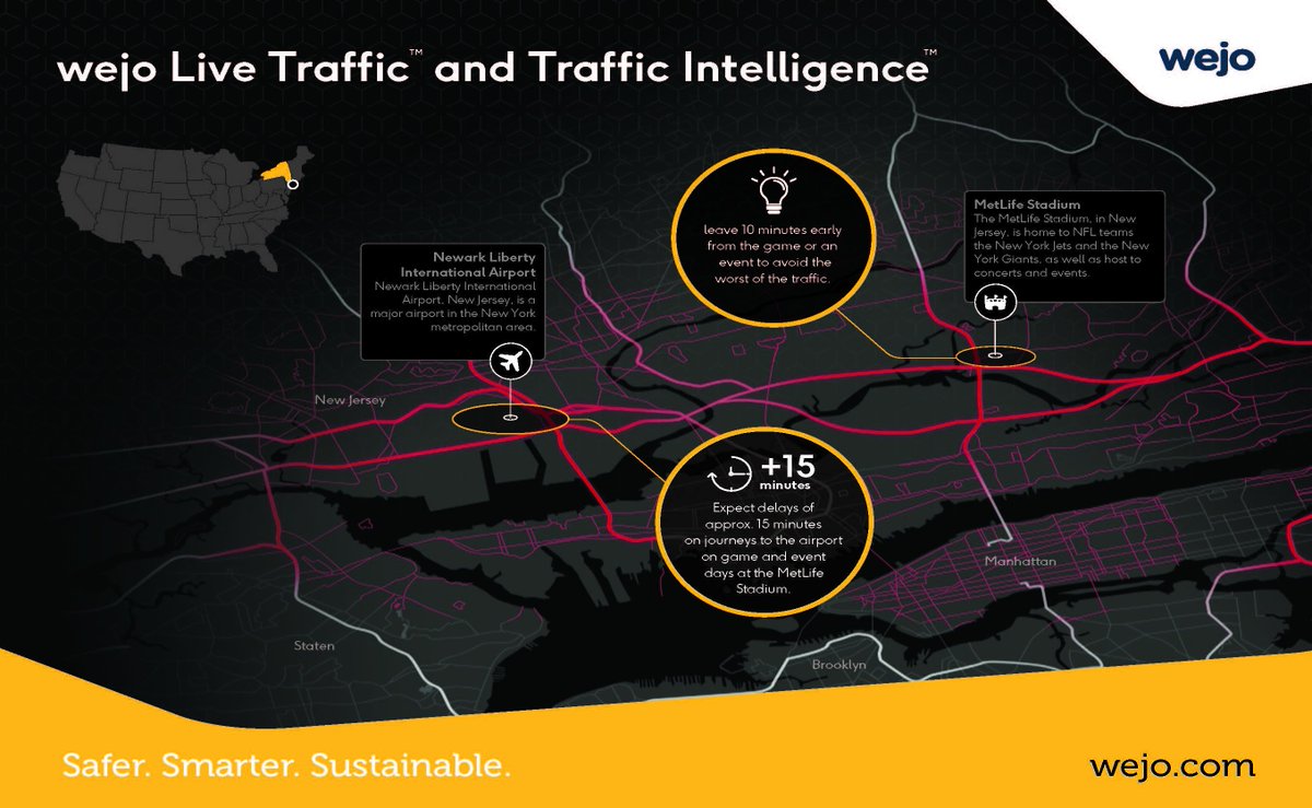 wejoHQ's tweet photo. The Rolling Stones could make you miss your plane. 
Take a look at how events at New York’s MetLife Stadium impact traffic, with insights powered by Live Traffic and Traffic Intelligence: https://t.co/2Y9Uq3zdeN
#SaferSmarterSustainable #MetLifeStadium #NewarkAirport https://t.co/V8VRsGxb09