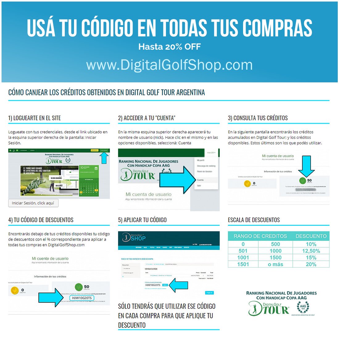 digitalgolfar's tweet photo. 🎁 ¡Si contás con Handicap nacional, en @digitalgolfar tenés 500 créditos adicionales para utilizar en https://t.co/ERHNIHTGNl! 🏌️‍♀️🏌️‍♂️
💲 500 Créditos = 10% de descuento en TODAS tus compras! 👏
👉 Enterate AQUÍ cómo utilizarlos: https://t.co/9Av4zpaaMs
#Creditos #DigitalGolfSHOP https://t.co/TBscx4Mzl8