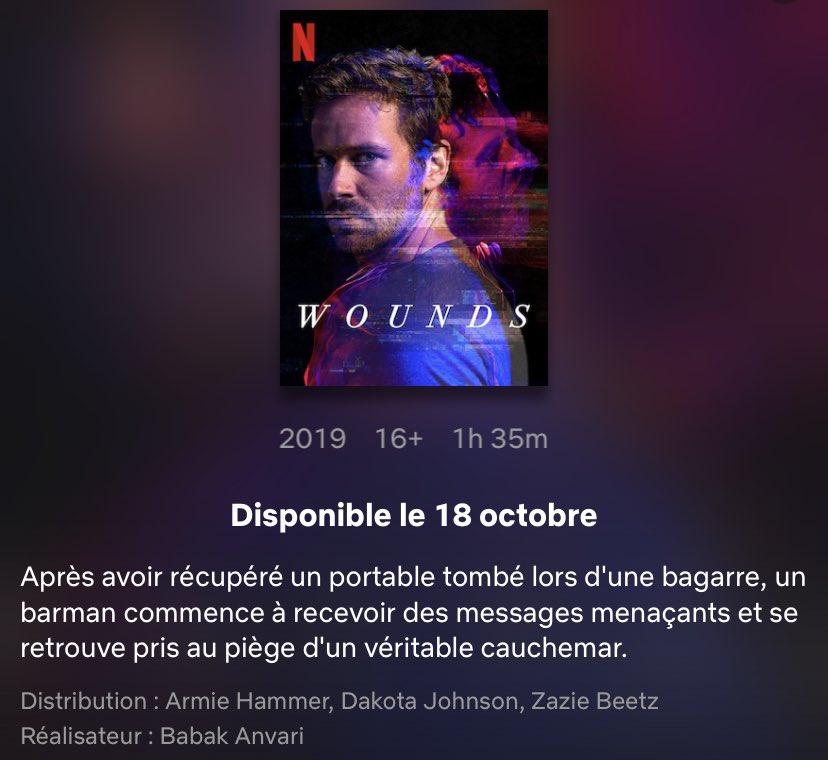 ArmieHGlobal's tweet photo. Sad you couldn’t catch #WOUNDS at a festival? DON’T WORRY! It’s coming to Netflix on October 18th! https://t.co/2v6vWAeObI