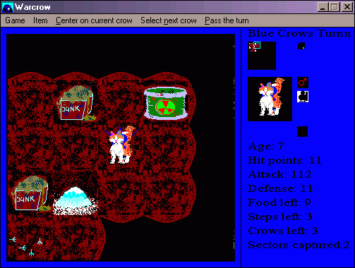Chentzilla's tweet photo. @moshboy Here's a turn-based strategy about two clans of crows fighting for territory control (pictured: cat rider). This game had an uncontrolled memory leak, also I was unable to program the AI. https://t.co/Gd87HhNcG7
