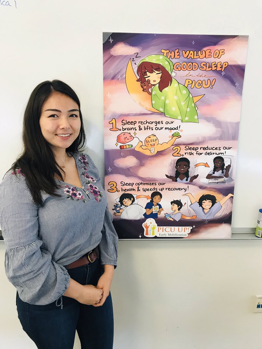 SapnaKmd's tweet photo. The first time @JohnsHopkins undergrad student @irhft sees her incredible art in person! 

Thanks to Irene for creating this beautiful image that greets every visitor to the @HopkinsPICU! 

#Sleep matters in the #hospital. 

And everyone should know it! #PedsICU #ICUrehab #pulmcc https://t.co/6kJeUI7UzH