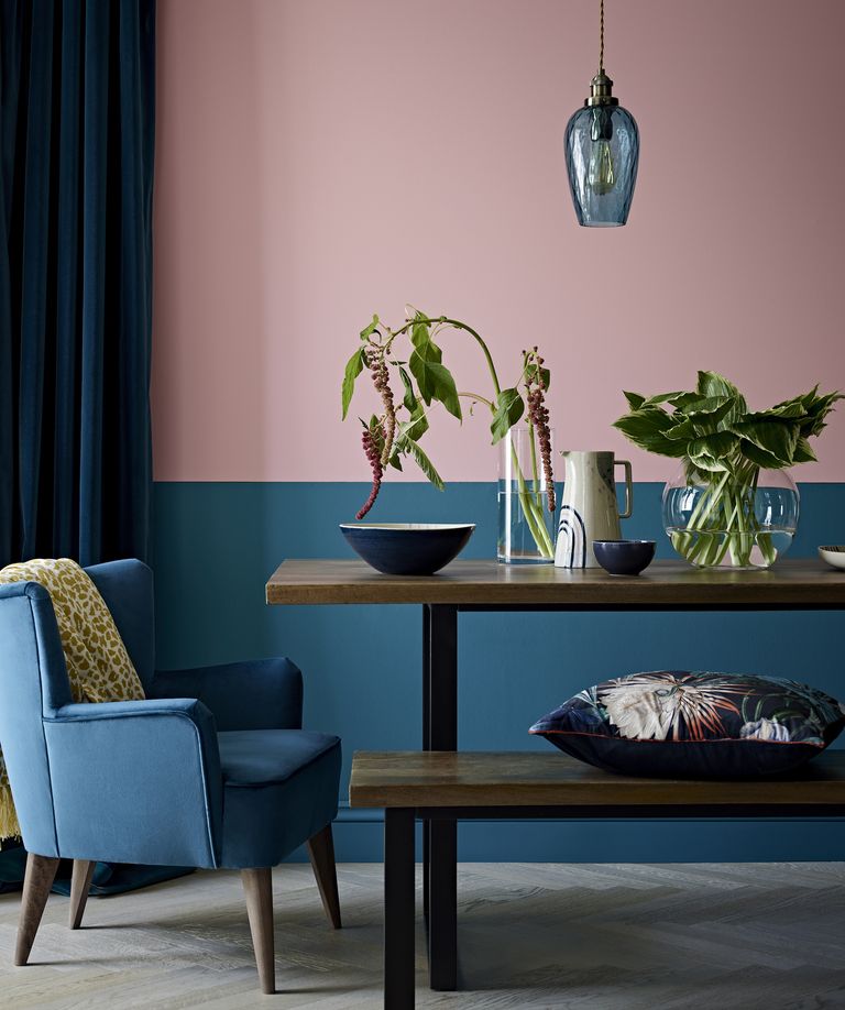 Peacock Blue. This is a strong look that can be easily managed by teaming it with a lighter colour like millennial pink, as seen here, this prevents the peacock shade from overpowering.   Pop some fresh blooms and foliage in an oversized vase to bring nature in.