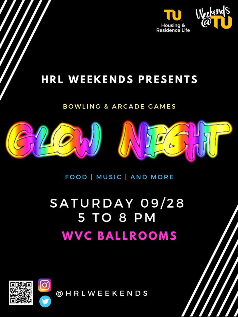 HRLWeekends's tweet photo. HRL Weekends presents... GLOW NIGHT 🎇 A night of FREE unlimited arcade games, food, music, and more 🤩 All are welcome - see you this Saturday! #hrlweekends #weekendsattu https://t.co/lMjr5mirGp