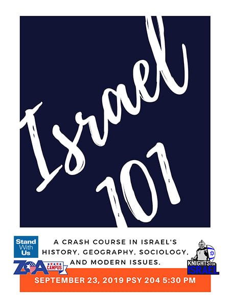 Knights4Israel's tweet photo. Want to learn more about everything Israel? Come join Knights for Israel for our Israel 101 crash course tonight at 5:30 in the psychology building, room 204. Special thanks to sponsors @StandWithUs and @ZOA_National https://t.co/E9IeRTTsTU