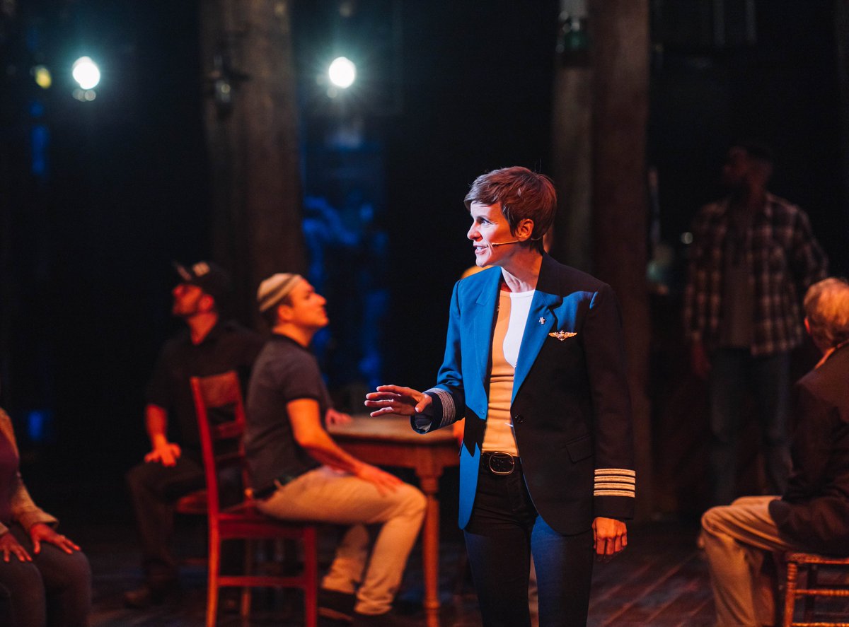 Come From Away actors on stage at the Schoenfeld Theatre. Photo taken from the wings. 