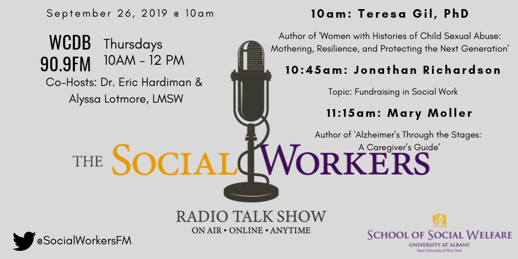 socialworkersfm's tweet image. We have a great group of guests and topics schedule for our show this week. Tune in to @wcdb at 10am on Thursday 9/26! #UAlbany #wcdb #socialwork
