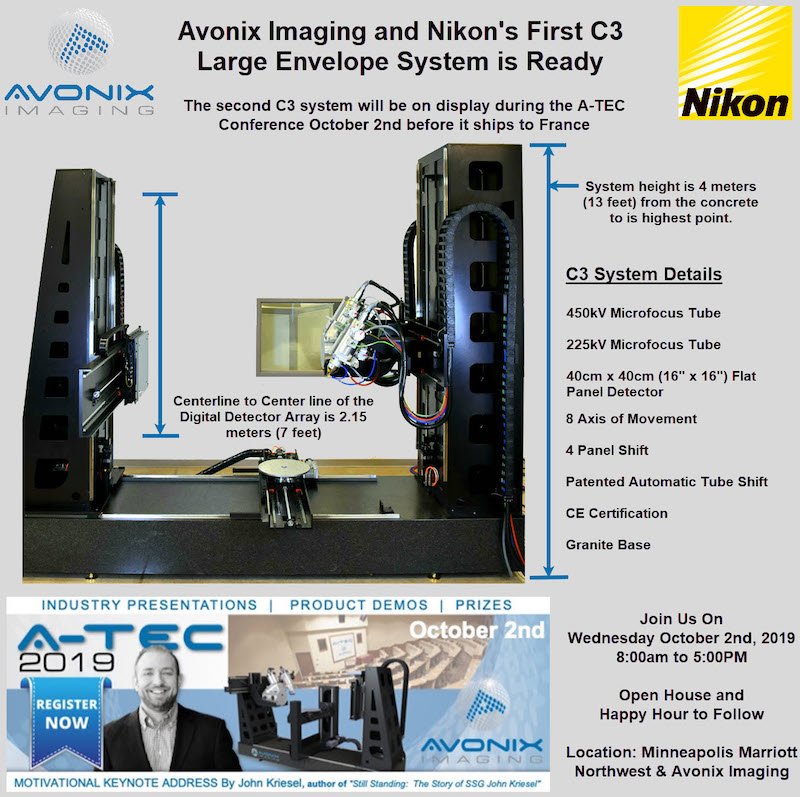AvonixImaging's tweet photo. A-TEC is next week! See the tallest standard #CT system in the world - witness the C3's dual-tube capabilities first-hand before it is shipped to Europe. Sign up for A-TEC today! https://t.co/qR4ciybI2v
#3Dxray #metrology #atec https://t.co/vx3mPQ1wcV