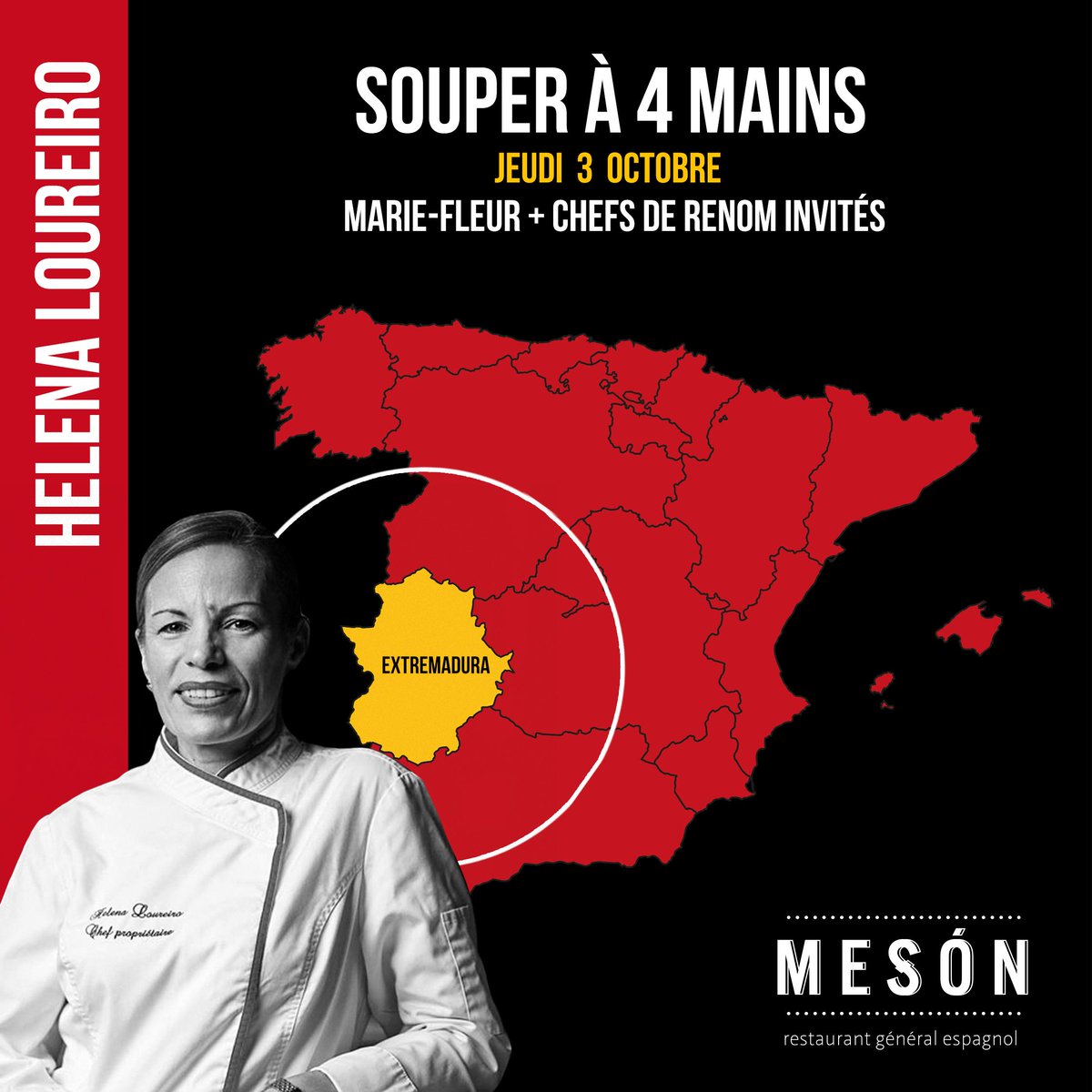 C'est le 3 octobre qu'aura lieu notre prochain souper à 4 mains avec notre chef invité Helena Loureiro des restaurants <a href="/Portus360MTL/">Portus360</a> et #RestaurantHelena
On a bien hâte de vous faire découvrir la cuisine d'Extremadura 🇪🇸👌
📞 Réservez votre table dès maintenant : (514) 439-9089