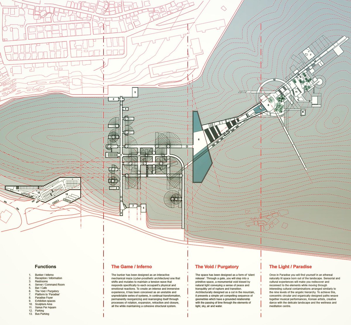 M_C_Architects's tweet photo. Site plan & function diagram showing: Inferno-the Game, Purgatorio-The Void, and Paradiso-The Light, for our Social Machine project: TRANSCENDENCE in Mulmango in Busan S.Korea.#divinacommedia #inferno #puratorio #paradiso #psyche #functiondiagram #socialchange #mcatranscendence https://t.co/x0fgWgmTsg