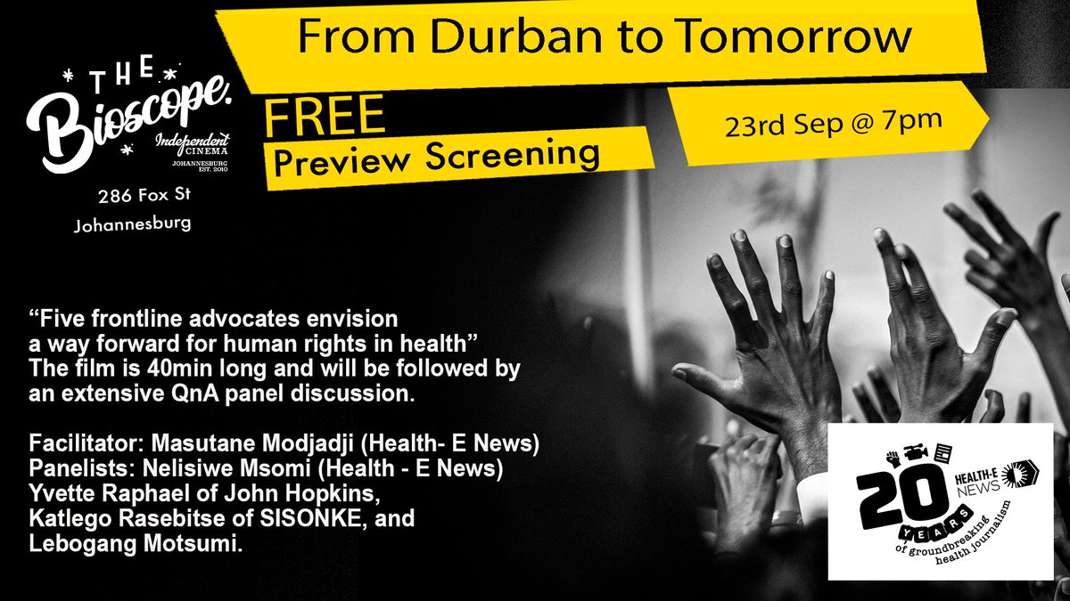 HealtheNews's tweet photo. TONIGHT: Join our Health Project Manager
@mmodjadji and Journalist and Engagement Officer @NeliMsomi with @SunshineCinema as we discuss the strides that the #HIVMovement has made from the momentous 2000 Durban AIDS Conference to the 2016 edition. https://t.co/JMhX0nnKE2