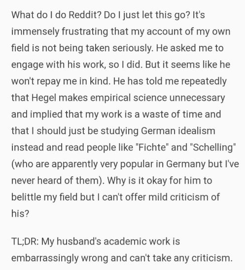 redditships's tweet image. My (33F) husband's (35M) career in academic philosophy is ruining our marriage. buff.ly/2Nu8iRU
