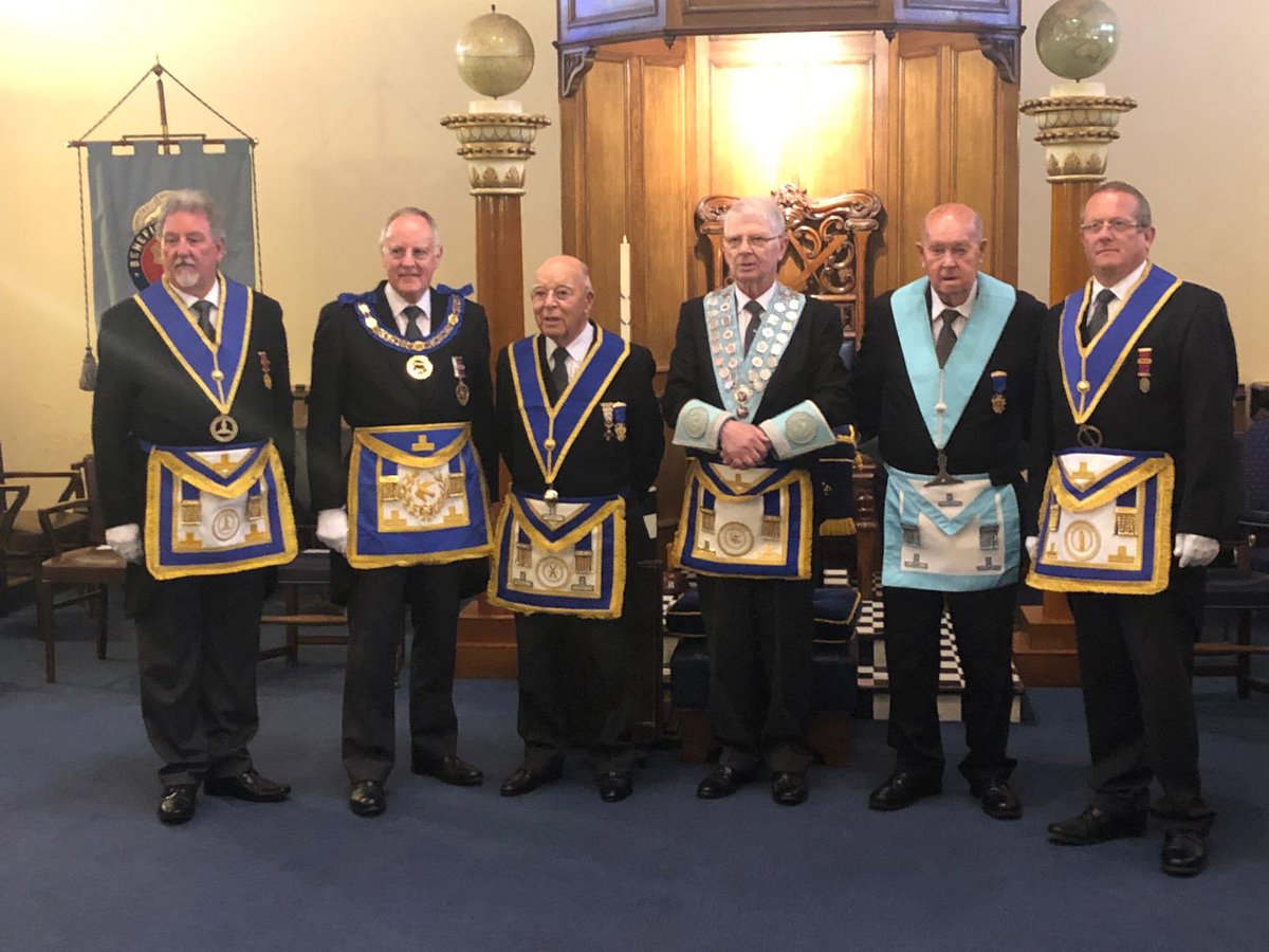 CheshirePGL's tweet photo. A wonderful celebration this morning at Beneficent Lodge in Macclesfield to celebrate 50 years in Freemasonry for WBro Frank Cherry in the presence of the APGM and the Provincial Wardens along with a plethora of acting Provincial Officers. #cheshirewardensday #cheshirefreemasons https://t.co/vrau3NrpDU