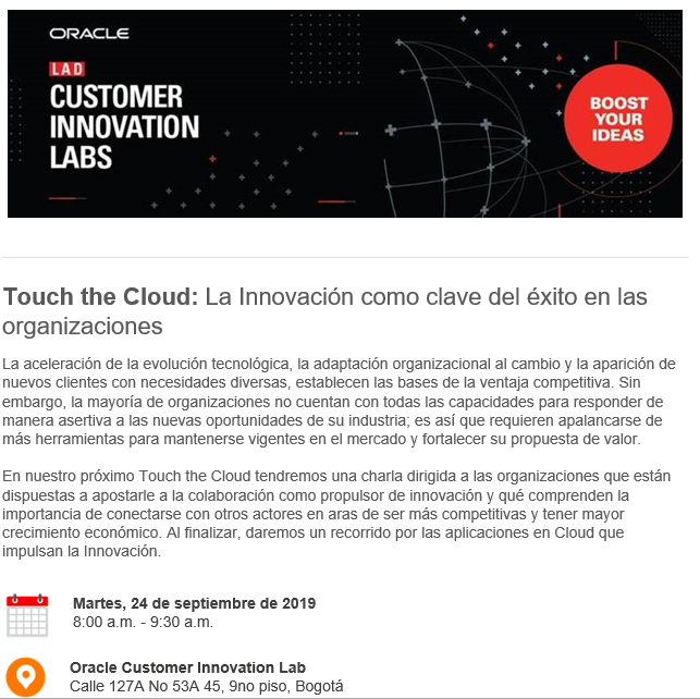 marialondonog1's tweet photo. Aun estas a tiempo de participar en el #TouchtheCloud en esta sesión en la que hablaremos de La #innovacion como clave del éxito en las organizaciones
Registro: maria.londono@oracle.com
Hora: 8 am
Lugar: #OracleInnovationLab https://t.co/SYiFEB3T8t
