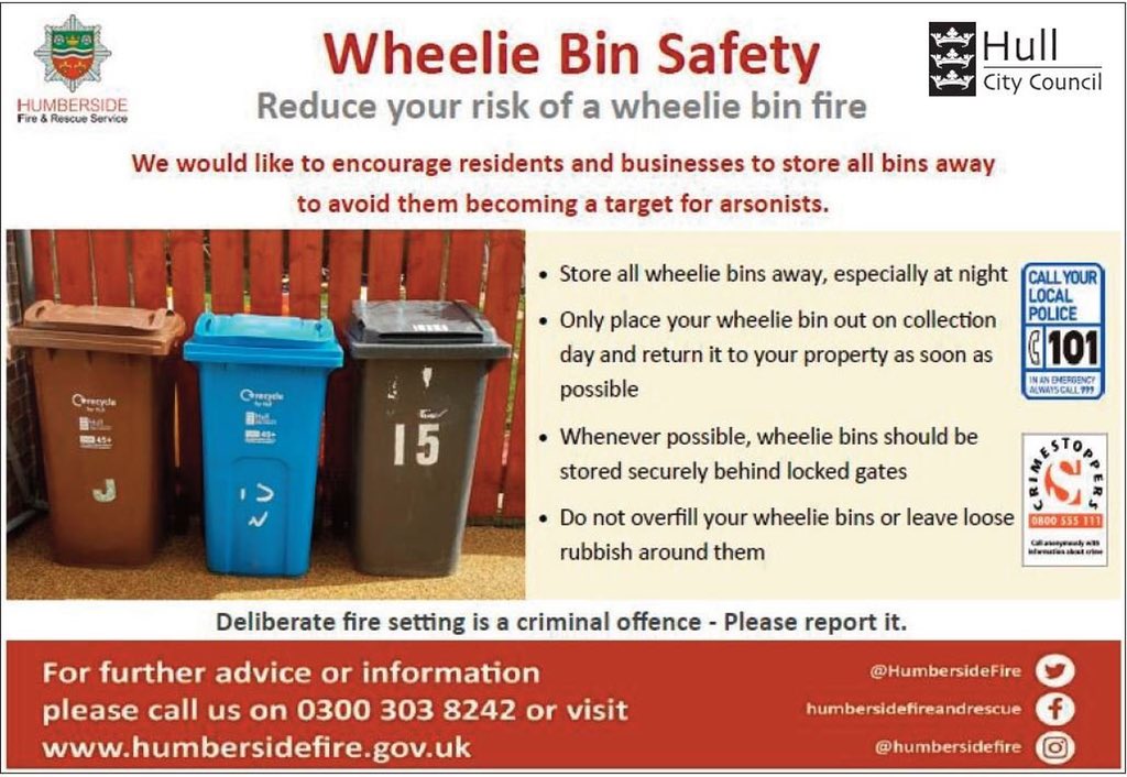 PCSODarrenB's tweet photo. #Holderness: As longer dark nights set in & with the activities + festivities this usually brings - please take advice from Humberside Fire & Rescue @HumbersideFire on Wheelie Bin Safety to help reduce your risk of a wheelie bin fire. #ReducingASB https://t.co/54tCbuAOaZ