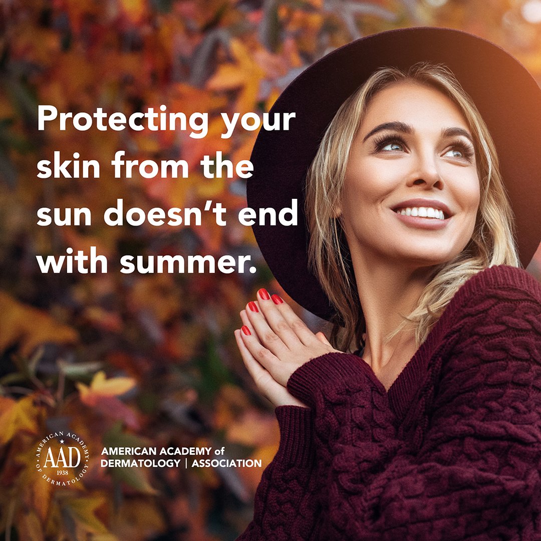 AADskin's tweet image. Fall is here, but that doesn’t mean you can stop thinking about sun protection. Continue to #PracticeSafeSun all year ☂️ 👒 🍁 #FirstDayofFall