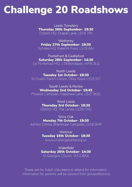 Our #CH20 roadshows start this week - we are coming to <a href="/Leedstemplars/">Leeds Templars</a> <a href="/WDistScouts/">Wetherby Scouts</a> and Pontefract and Castleford districts. Check our flyer for details and come along to find out more! #excited