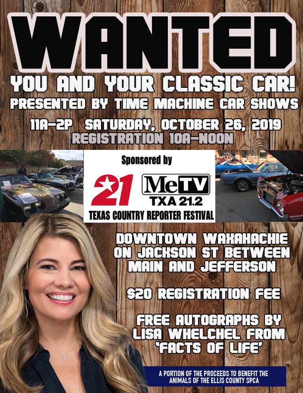 TCRbob's tweet photo. TCR FESTIVAL: Come show off your ride and compete in the Classic Car Show at the TCR Festival, Saturday, October 26th in downtown Waxahachie. #TCRFestival2019 #Waxahachie #TXA21 #ClassicCarShow #LisaWhelchel https://t.co/vG0xGzYnAk