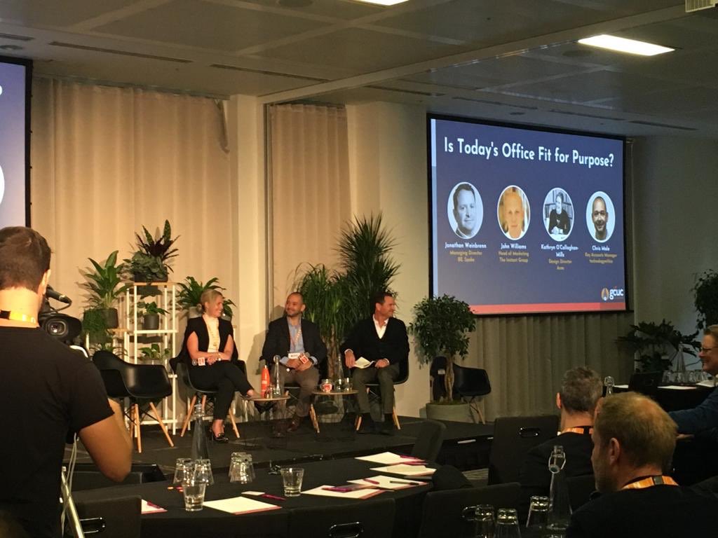 AreaWorkplaces's tweet photo. Design director @Kathocall takes to the stage with @Instant_Offices who are launching our new research report @gcucgb - is today’s office fit for purpose? Available to download tomo! #research #flexspace https://t.co/758QgIHqv6
