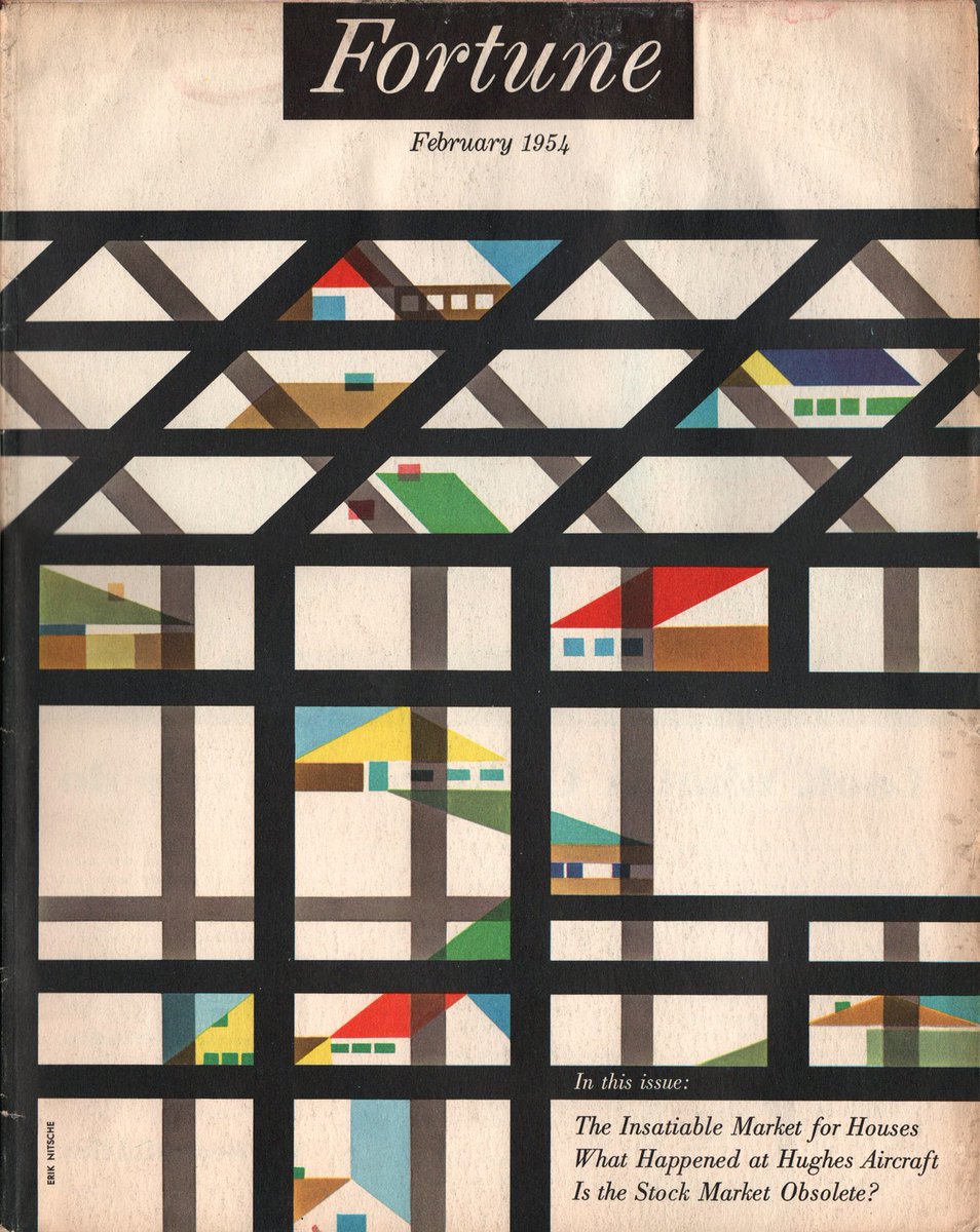 The art director for Fortune Magazine during this time (1948-60) was Leo Lionni (most know him as a children's book illustrator). Covers here: George Giusti (1953), Erik Nitsche (1954), Jerome Snyder (1951), Erberto Carboni (1950).