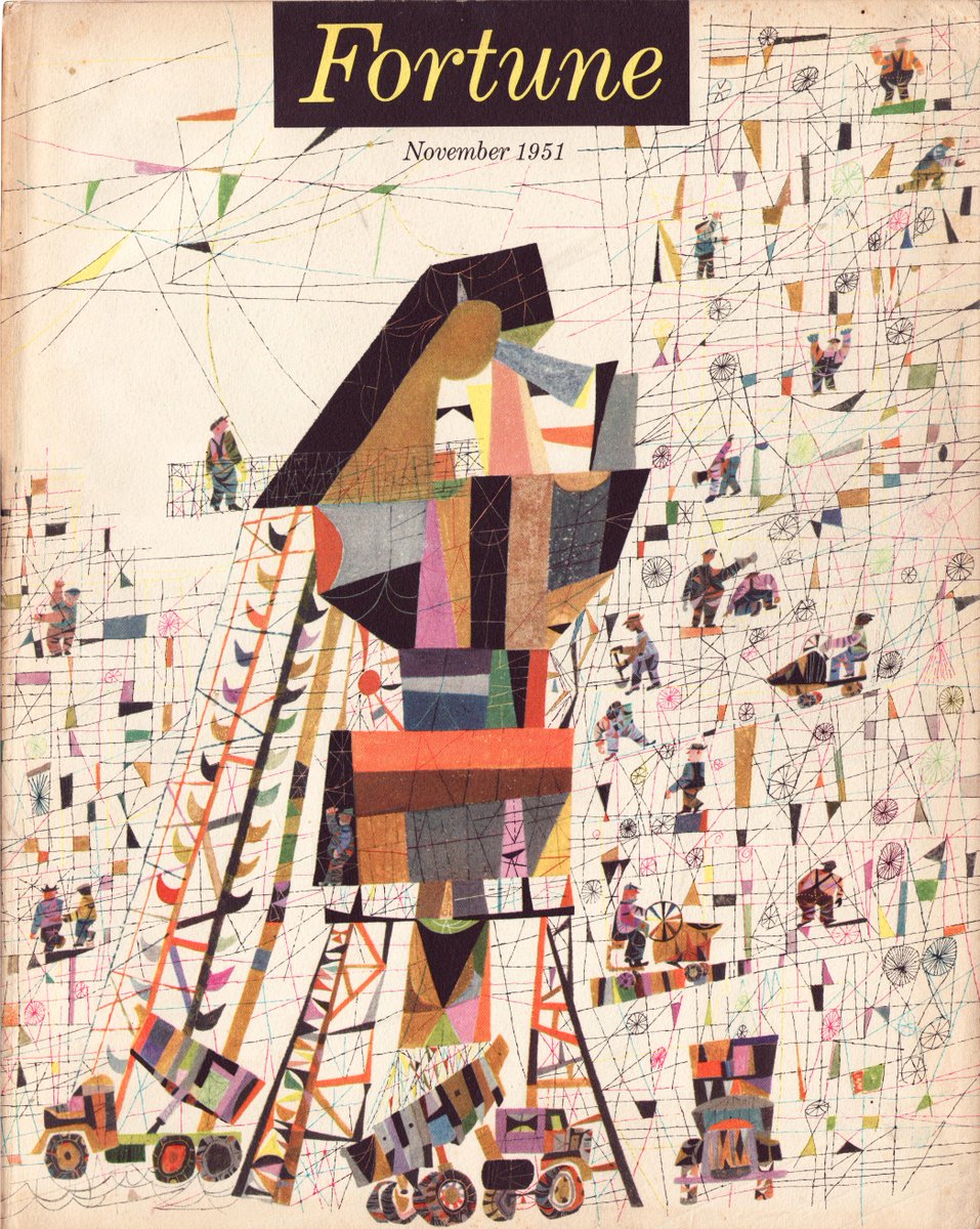 The art director for Fortune Magazine during this time (1948-60) was Leo Lionni (most know him as a children's book illustrator). Covers here: George Giusti (1953), Erik Nitsche (1954), Jerome Snyder (1951), Erberto Carboni (1950).