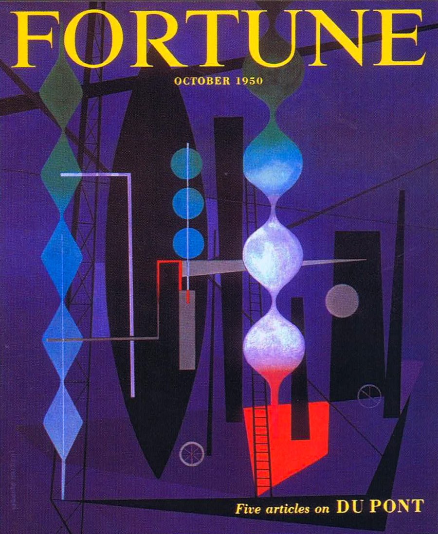 The art director for Fortune Magazine during this time (1948-60) was Leo Lionni (most know him as a children's book illustrator). Covers here: George Giusti (1953), Erik Nitsche (1954), Jerome Snyder (1951), Erberto Carboni (1950).