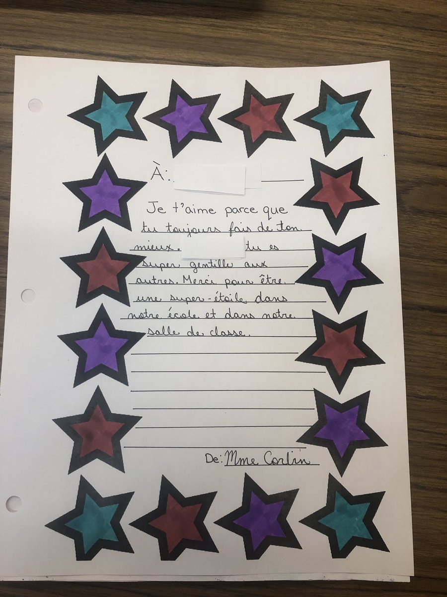 MmeCorbin's tweet photo. Each week we make a “livre d’appréciation” for our Étoile de la Semaine @CentennialSchoo #frimm #kindwords #actsofkindness https://t.co/oi43MUVmdG