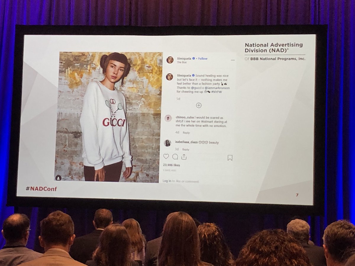 TruthinAd's tweet photo. This is a CGI influencer (CGInfluencer?). FTC guidelines require that an influencer use the product being promoted in the post. That’s impossible with CGI, (at least before the machines take over). So the need for clear disclosure that it’s an ad is paramount. #NAD2019 #NADConf https://t.co/GwT7FQapnm
