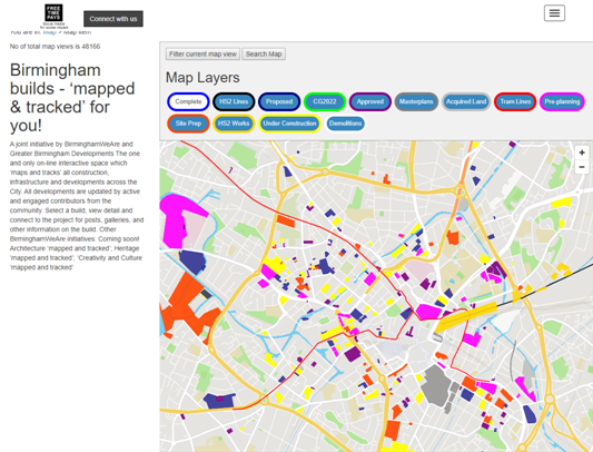 BuildsWeAre's tweet photo. Go to https://t.co/787QwkGiBF to see this great https://t.co/aX4giHU0X4 initiative - mapping &amp; tracking all of Birmingham's construction - buildings, infrastructure, commonwealth games developments - the lot! https://t.co/ch5tgYRNHv