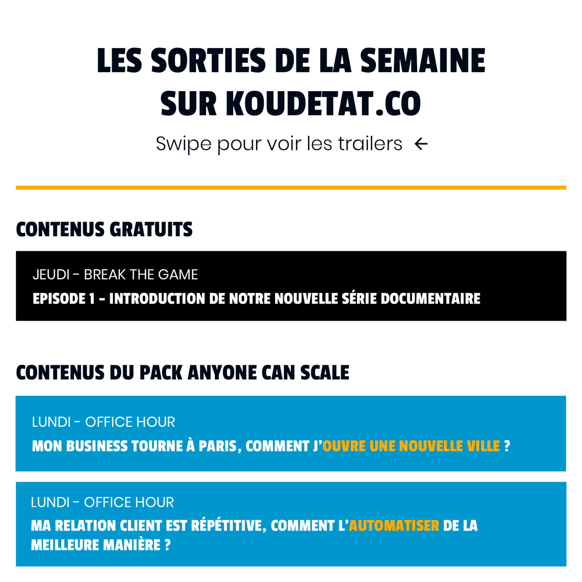 Ça y est, on reprend le rythme avec la rentrée, pour apprendre toujours plus à monter des boîtes de ouf.
Cette semaine, comme pour toutes les semaines à venir, on vous sort 3 contenus disponibles sur la plateforme buff.ly/1o1cgtv.