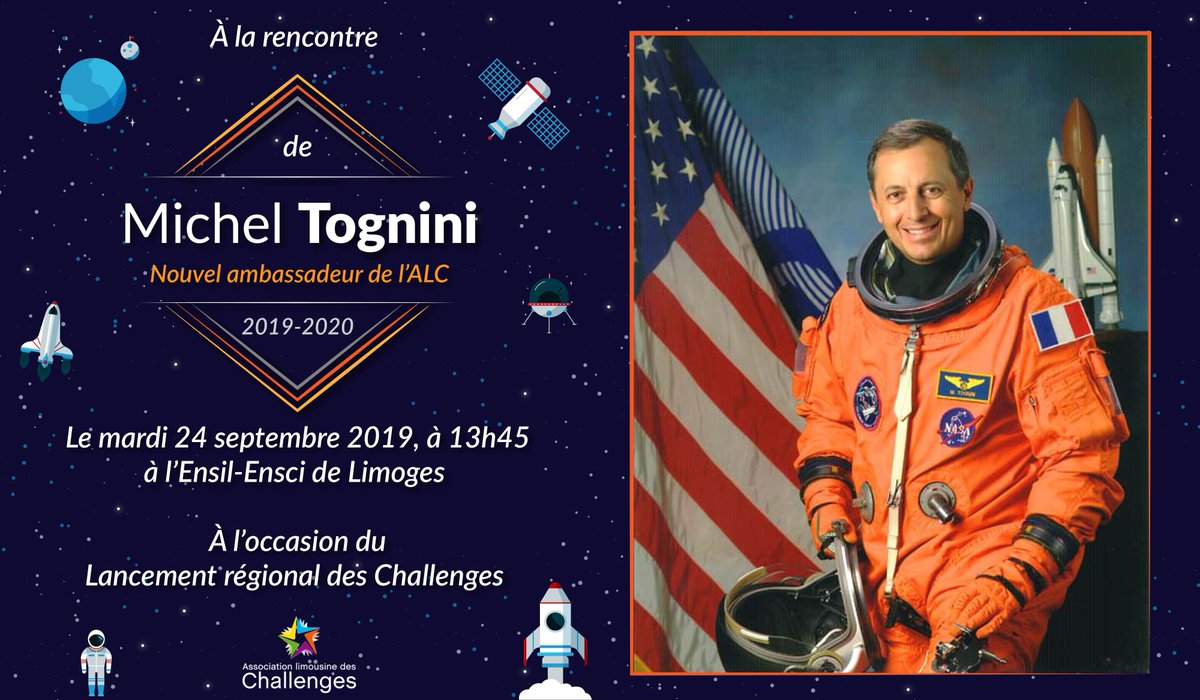 Demain à 14 h, l'astronaute Michel Tognini sera à l'@ENSIL_ENSCI pour parrainer la nouvelle saison des challenges que nous lançons auprès des Collèges, Lycées et Etablissements de l'Enseignement Supérieur pour promouvoir l' #entrepreneuriat chez les jeunes. Suivez nous en live