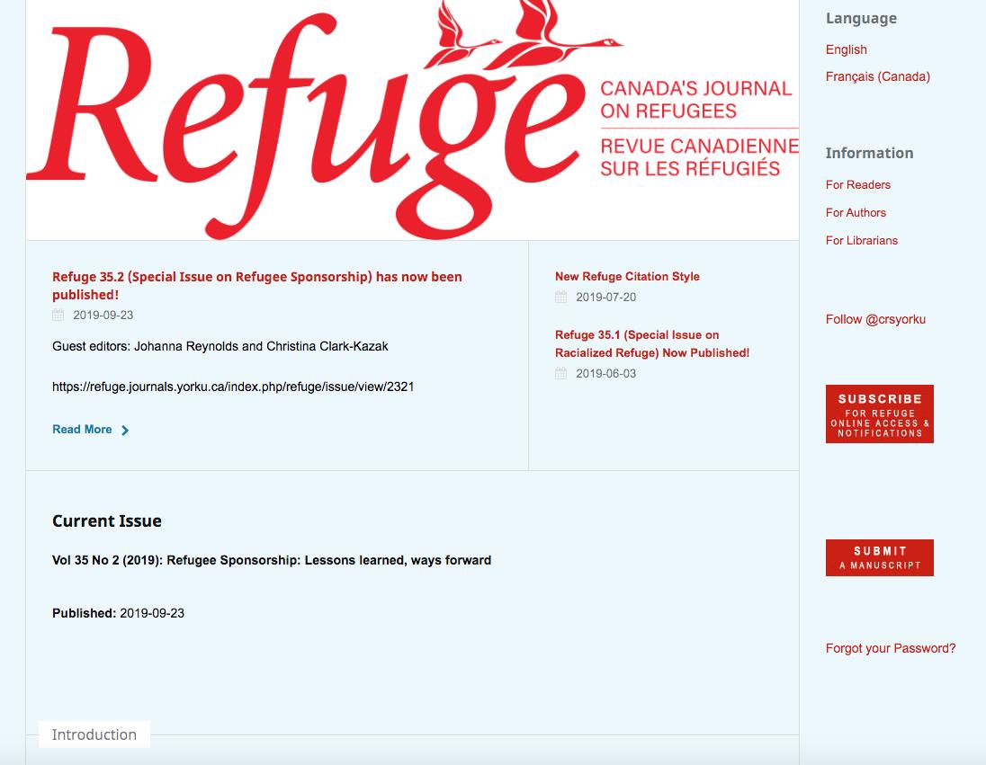 Just published: A timely special issue on refugee sponsorship, Refuge 35.2, co-eds C. Clark-Kazak and J. Reynolds. Check it out! 1 @CRS @RefugeeResearch @Lerrning @RefugeeHub @SeanRehaag #RefugeesWelcome  refuge.journals.yorku.ca/index.php/refu…