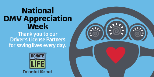 DonateLifeSC's tweet photo. Happy National DMV Appreciation Week! We dedicate this week to saying thank you to our @SC_DMV partner whose staff asks their customers the donor registration question every day. #Thx4Asking #DMVsRock #DMVWeek #DonateLife ❤️💙💚🚗 https://t.co/Sx36GoJYd9