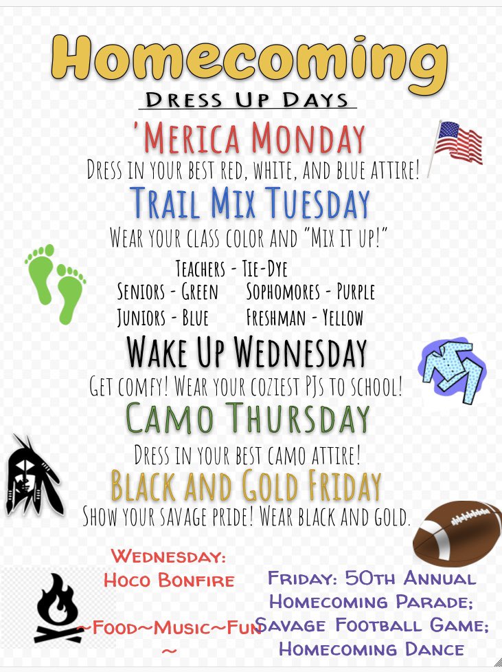 savhigh_stuco's tweet photo. Make sure to check the dress up days! We are excited to see everyone Savage Pride &amp; all decked out! #SHSProud https://t.co/peCyRNtl8V