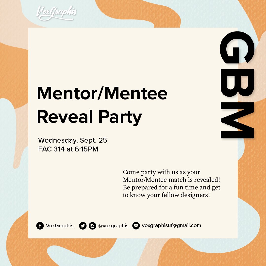 voxGraphis's tweet image. Join us Sept. 25 in room FAC 314 at 6:15pm for our Mentor/Mentee reveal party! If you haven&apos;t attended the first few meetings, you can still be paired by participating in the typeface matching game this Wednesday.
