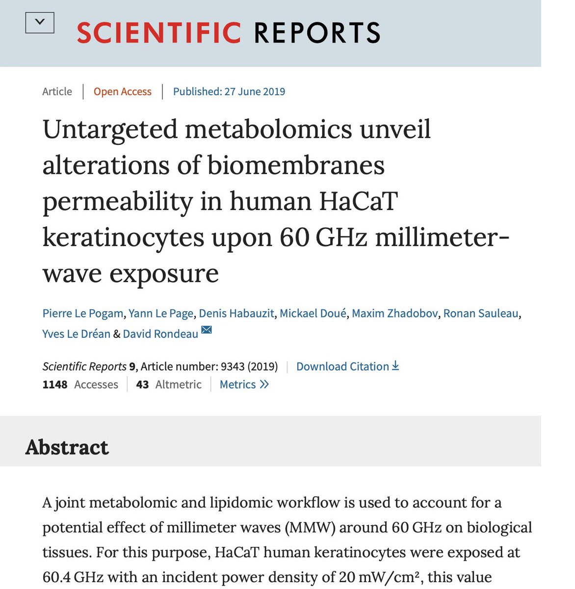 SpyMeters's tweet photo. Peer-reviewed study on #5G health impacts —>

Untargeted metabolomics unveil alterations of biomembranes permeability in human HaCaT keratinocytes upon 60 GHz millimeter-wave exposure

https://t.co/kbWCfiNT14 https://t.co/cMeMpk0BNV